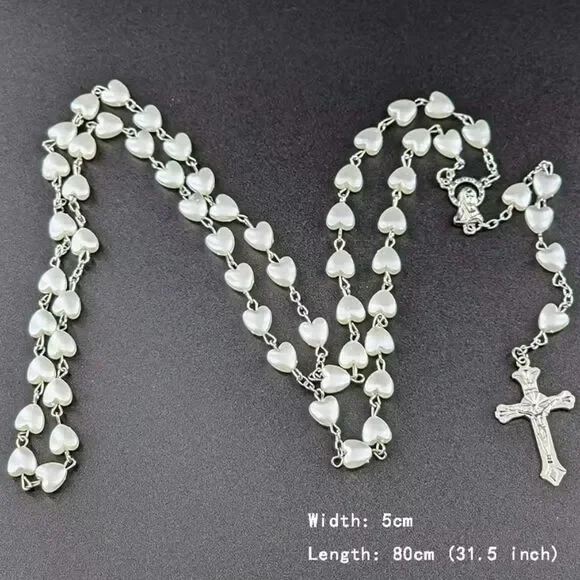 Pearlescent Heart Bead Rosary Necklace Silver Tone Catholic Crucifix & Medal - Picture 4 of 5